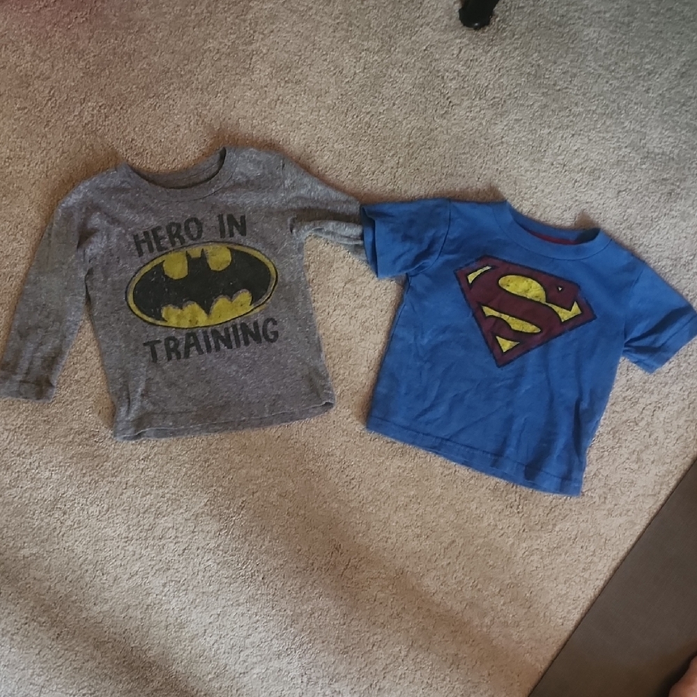 Superhero Kids Costume Set - Gray and Blue. Batman Is 18 months and Superman 12m